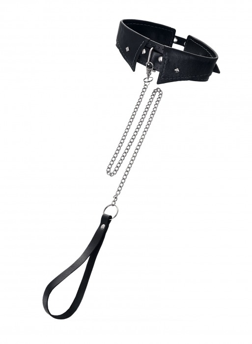 Черный кожаный ошейник-воротник с поводком - Pecado - купить с доставкой в Калининграде