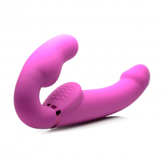 Розовый безремневой страпон с вибрацией и функцией расширения Inflatable Ergo-Fit Strapless Strap-On - XR Brands - купить с доставкой в Калининграде