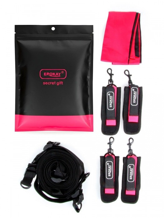 Черно-розовый эротический набор: фиксатор, оковы, наручники, повязка - Erokay - купить с доставкой в Калининграде