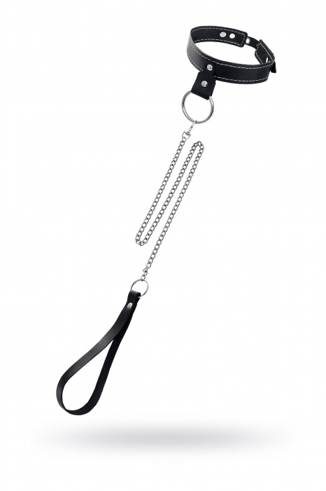 Черный узкий однослойный ошейник с серебристым поводком-цепочкой - Pecado - купить с доставкой в Калининграде