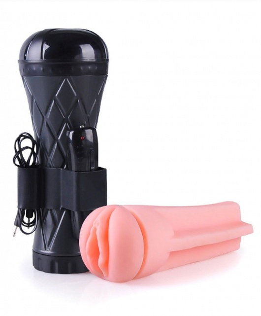 Телесный мастурбатор-вагина в черной колбе с вибрацией - Boys of Toys - в Калининграде купить с доставкой
