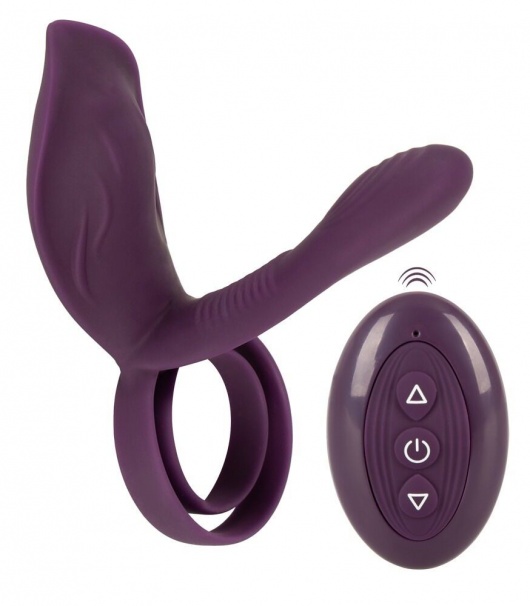 Фиолетовая насадка на член с клиторальным отростком и пультом ДУ RC Couple’s Vibrator 2 - Orion - в Калининграде купить с доставкой