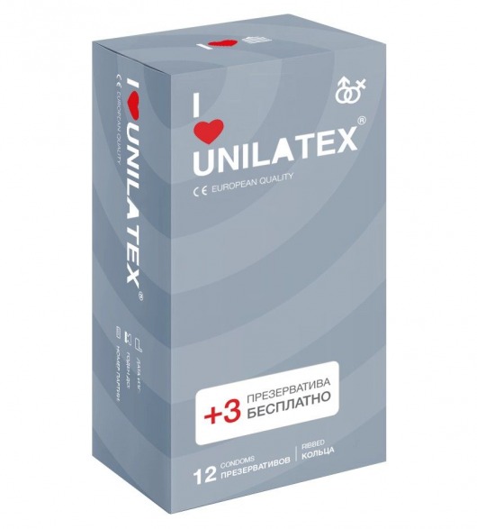 Презервативы с рёбрами Unilatex Ribbed - 12 шт. + 3 шт. в подарок - Unilatex - купить с доставкой в Калининграде