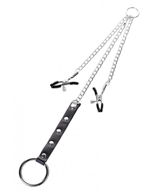 Серебристо-чёрные зажимы для сосков с кольцом для пениса TOYFA Metal - ToyFa - купить с доставкой в Калининграде